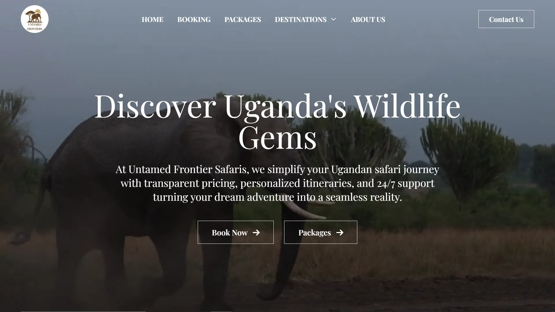 Screenshot of Untamed Frontier Safaris website homepage